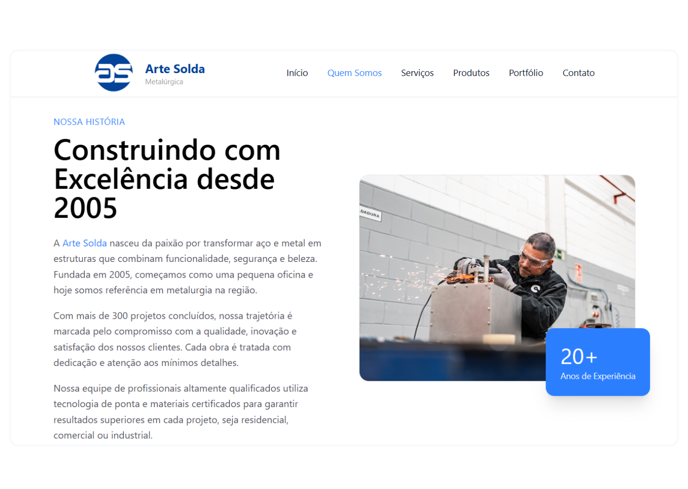 Site institucional da metalúrgica Arte Solda, desenvolvido pela Contra Barra